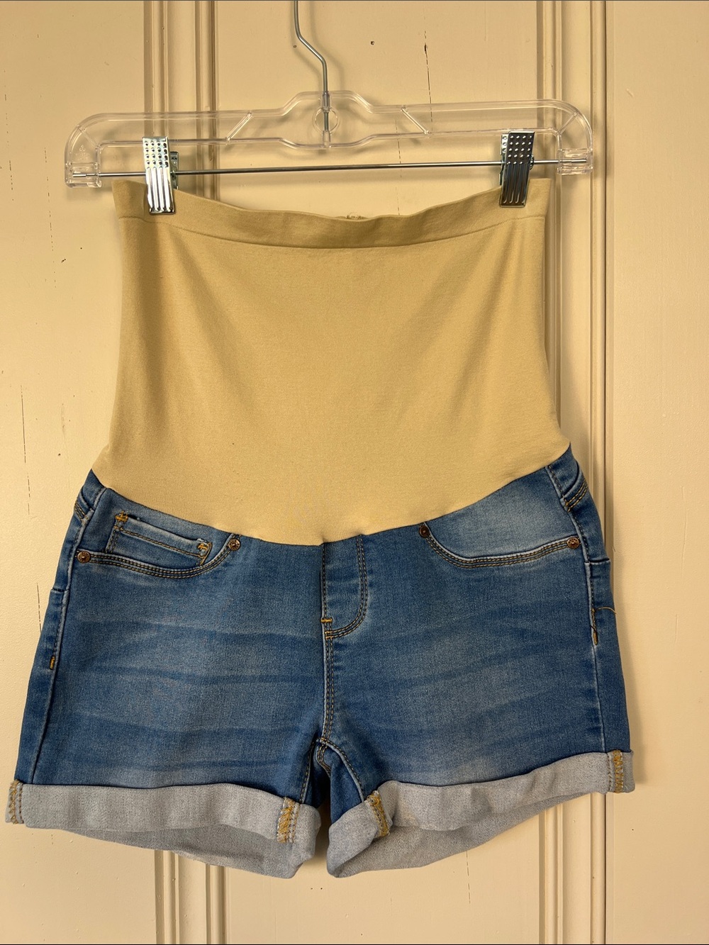 Blue Savvy Maternity Denim Shorts Size M Full Belly Panel Cuffed EUC